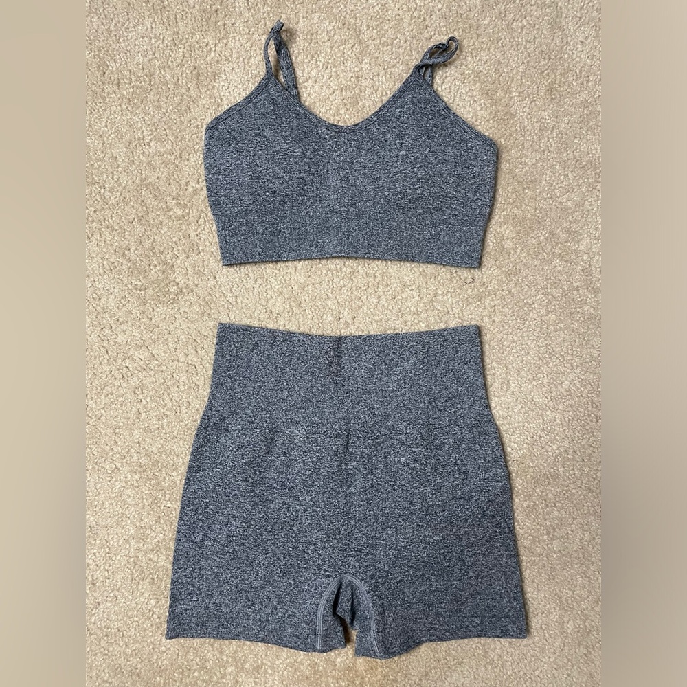Grey Marled Seamless Crop Top & High Waist Shorts Set Matching Activewear
